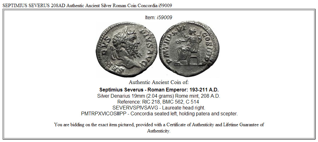 SEPTIMIUS SEVERUS 208AD Authentic Ancient Silver Roman Coin Concordia i59009