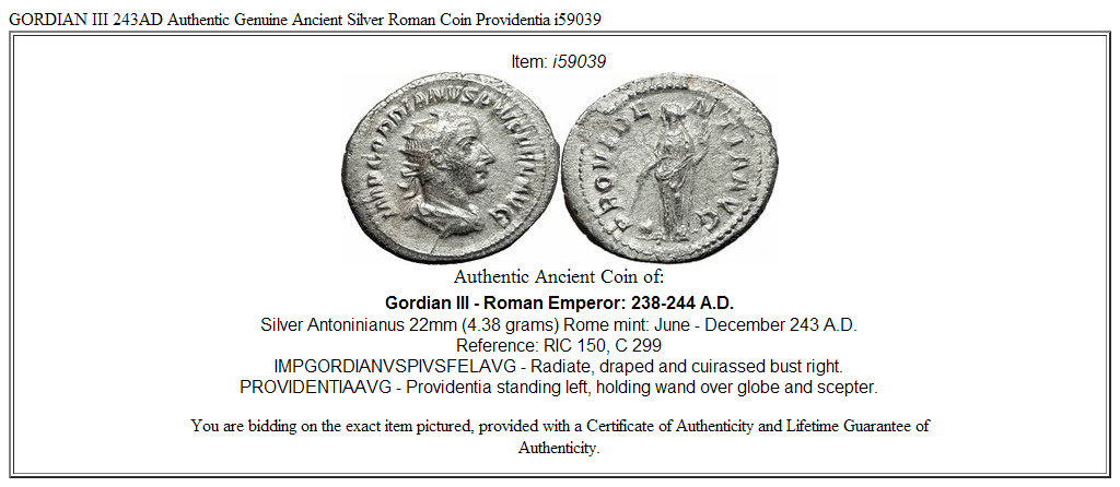 GORDIAN III 243AD Authentic Genuine Ancient Silver Roman Coin Providentia i59039