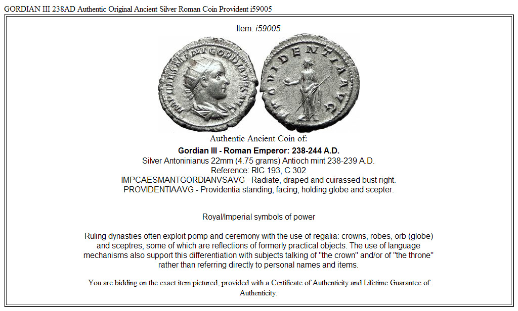 GORDIAN III 238AD Authentic Original Ancient Silver Roman Coin Provident i59005