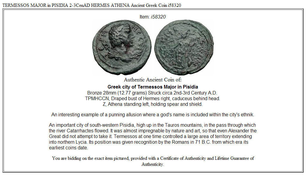 TERMESSOS MAJOR in PISIDIA 2-3CenAD HERMES ATHENA Ancient Greek Coin i58320