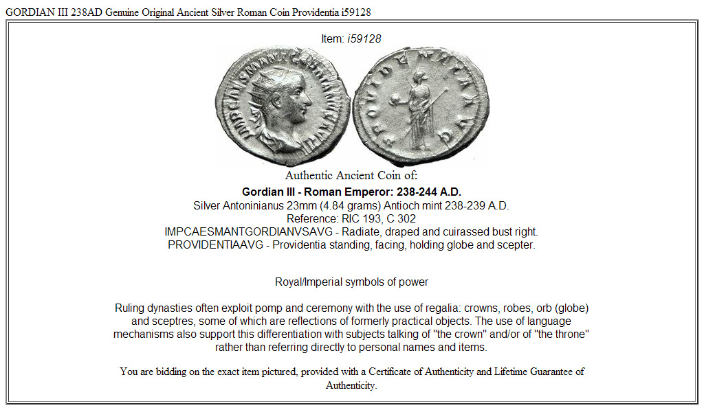 GORDIAN III 238AD Genuine Original Ancient Silver Roman Coin Providentia i59128