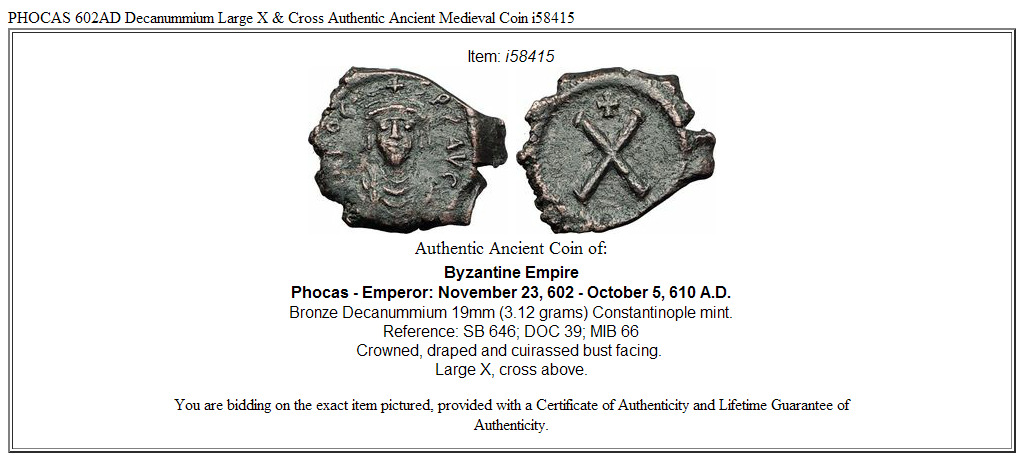 PHOCAS 602AD Decanummium Large X & Cross Authentic Ancient Medieval Coin i58415