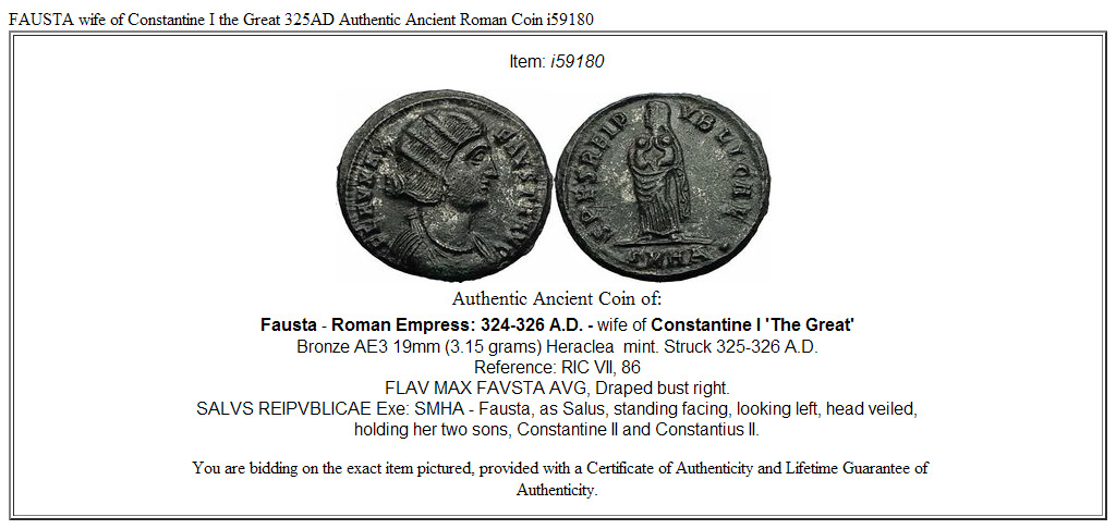 FAUSTA wife of Constantine I the Great 325AD Authentic Ancient Roman Coin i59180