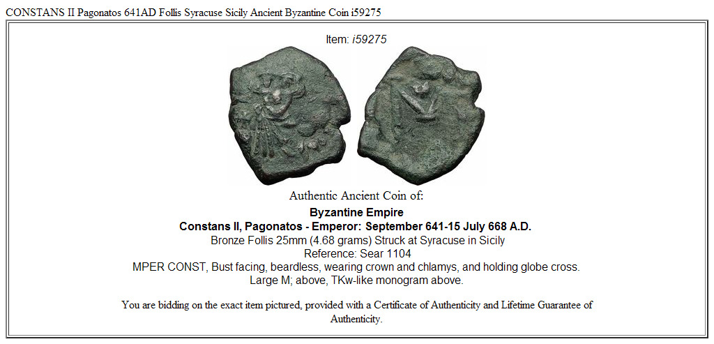 CONSTANS II Pagonatos 641AD Follis Syracuse Sicily Ancient Byzantine Coin i59275