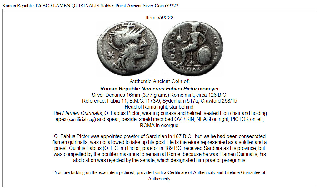 Roman Republic 126BC FLAMEN QUIRINALIS Soldier Priest Ancient Silver Coin i59222