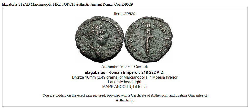 Elagabalus 218AD Marcianopolis FIRE TORCH Authentic Ancient Roman Coin i59529
