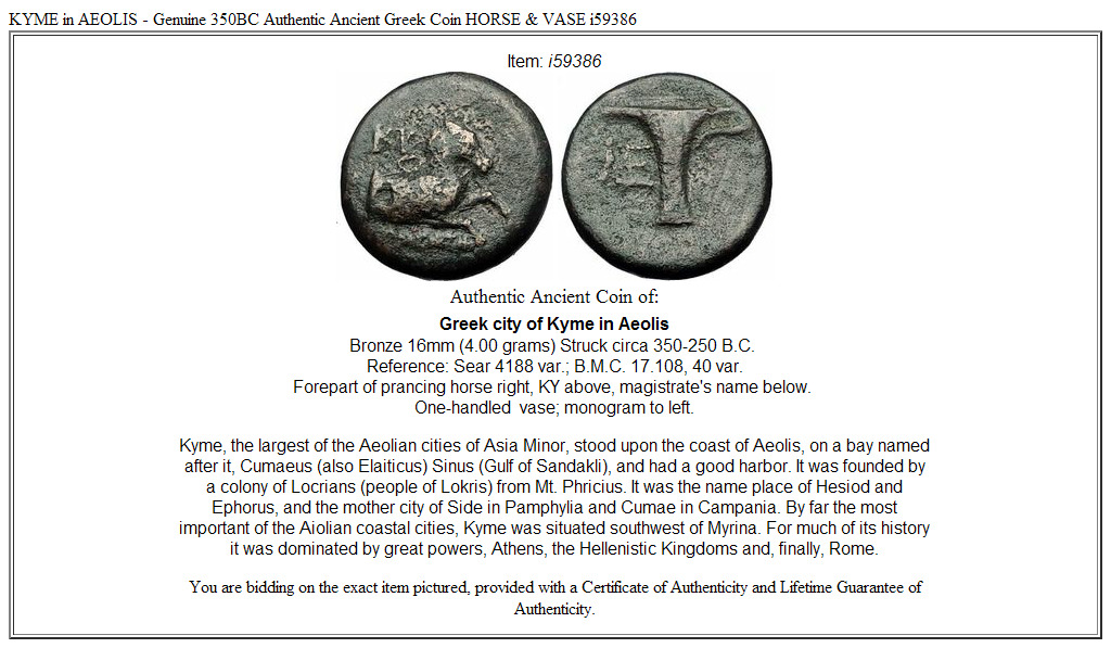 KYME in AEOLIS - Genuine 350BC Authentic Ancient Greek Coin HORSE & VASE i59386