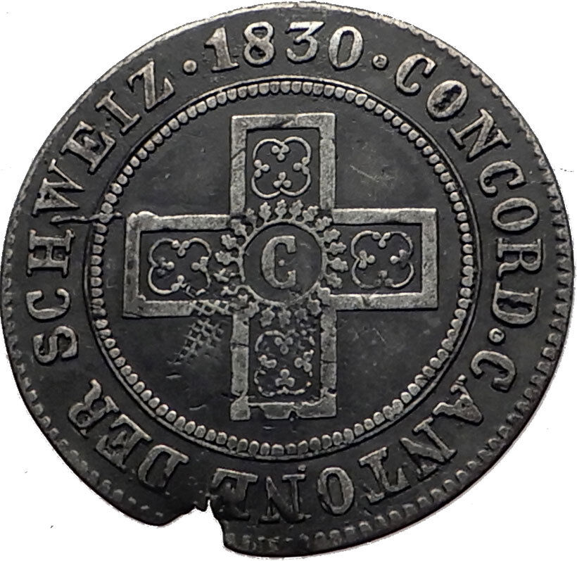 1830 Swiss Canton of Freiburg Billon Silver Antique Coin Cross Shield i59484