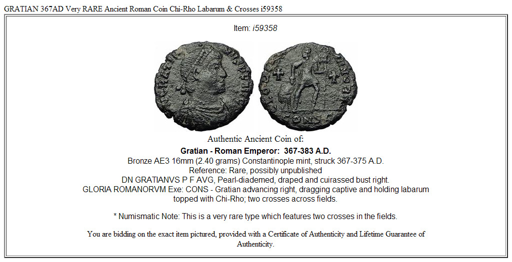 GRATIAN 367AD Very RARE Ancient Roman Coin Chi-Rho Labarum & Crosses i59358