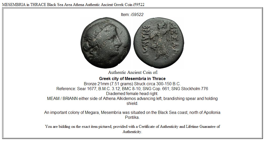 MESEMBRIA in THRACE Black Sea Area Athena Authentic Ancient Greek Coin i59522