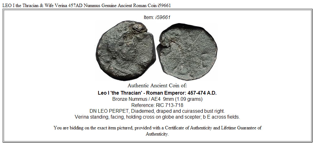 LEO I the Thracian & Wife Verina 457AD Nummus Genuine Ancient Roman Coin i59661