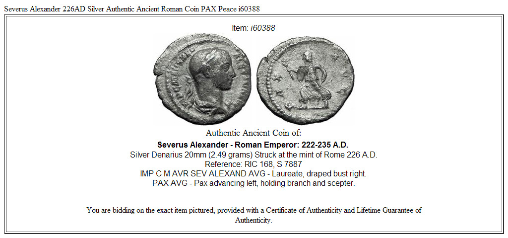 Severus Alexander 226AD Silver Authentic Ancient Roman Coin PAX Peace i60388