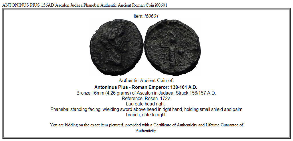 ANTONINUS PIUS 156AD Ascalon Judaea Phanebal Authentic Ancient Roman Coin i60601