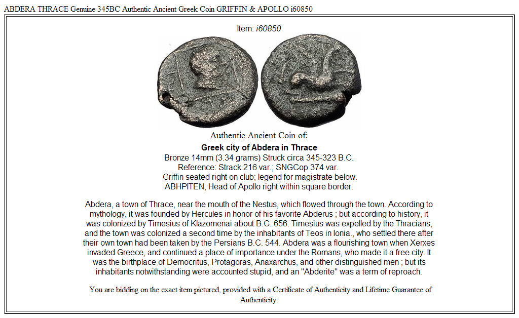 ABDERA THRACE Genuine 345BC Authentic Ancient Greek Coin GRIFFIN & APOLLO i60850