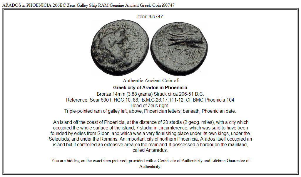 ARADOS in PHOENICIA 206BC Zeus Galley Ship RAM Genuine Ancient Greek Coin i60747