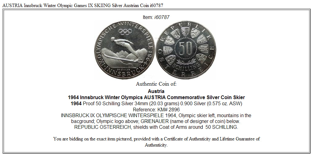 AUSTRIA Innsbruck Winter Olympic Games IX SKIING Silver Austrian Coin i60787