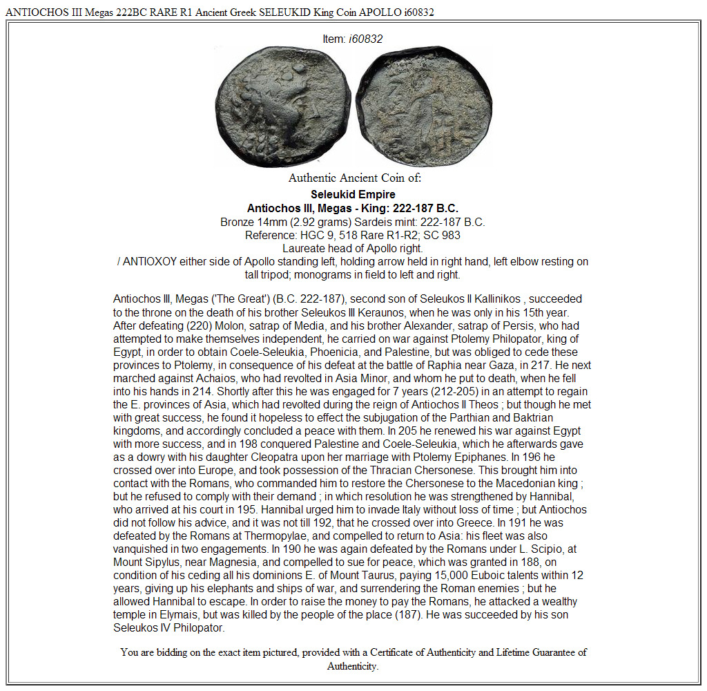 ANTIOCHOS III Megas 222BC RARE R1 Ancient Greek SELEUKID King Coin APOLLO i60832