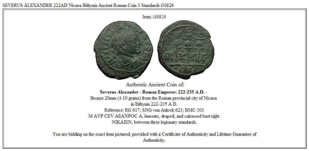 SEVERUS ALEXANDER 222AD Nicaea Bithynia Ancient Roman Coin 3 Standards i30826