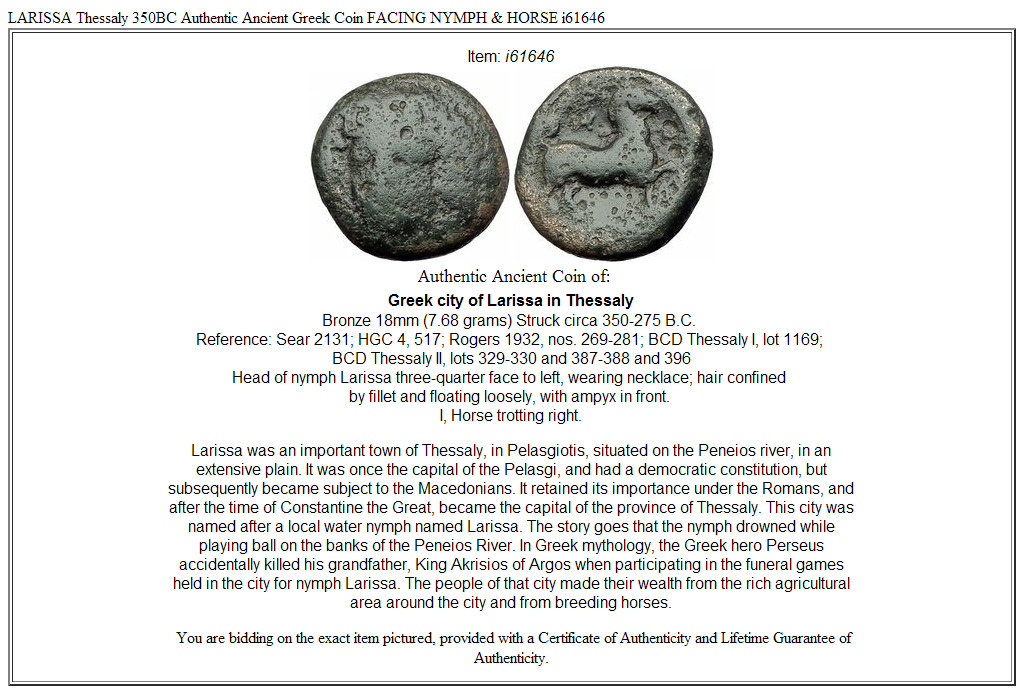 LARISSA Thessaly 350BC Authentic Ancient Greek Coin FACING NYMPH & HORSE i61646