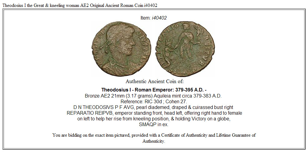 Theodosius I the Great & kneeling woman AE2 Original Ancient Roman Coin i40402