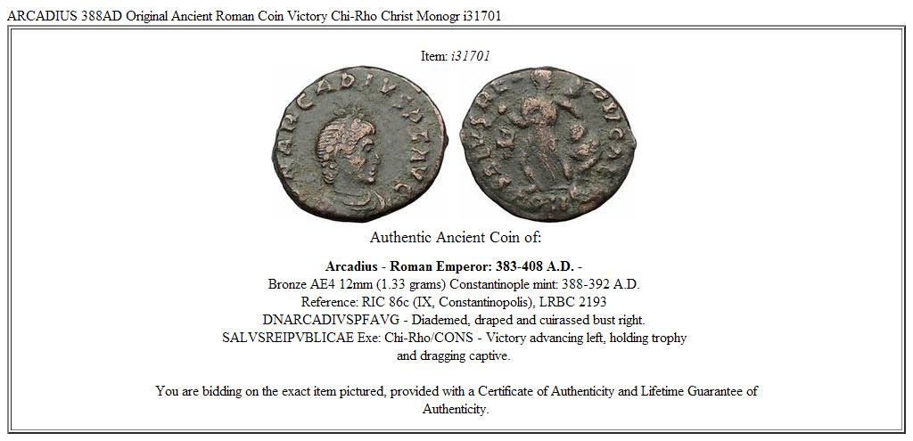 ARCADIUS 388AD Original Ancient Roman Coin Victory Chi-Rho Christ Monogr i31701