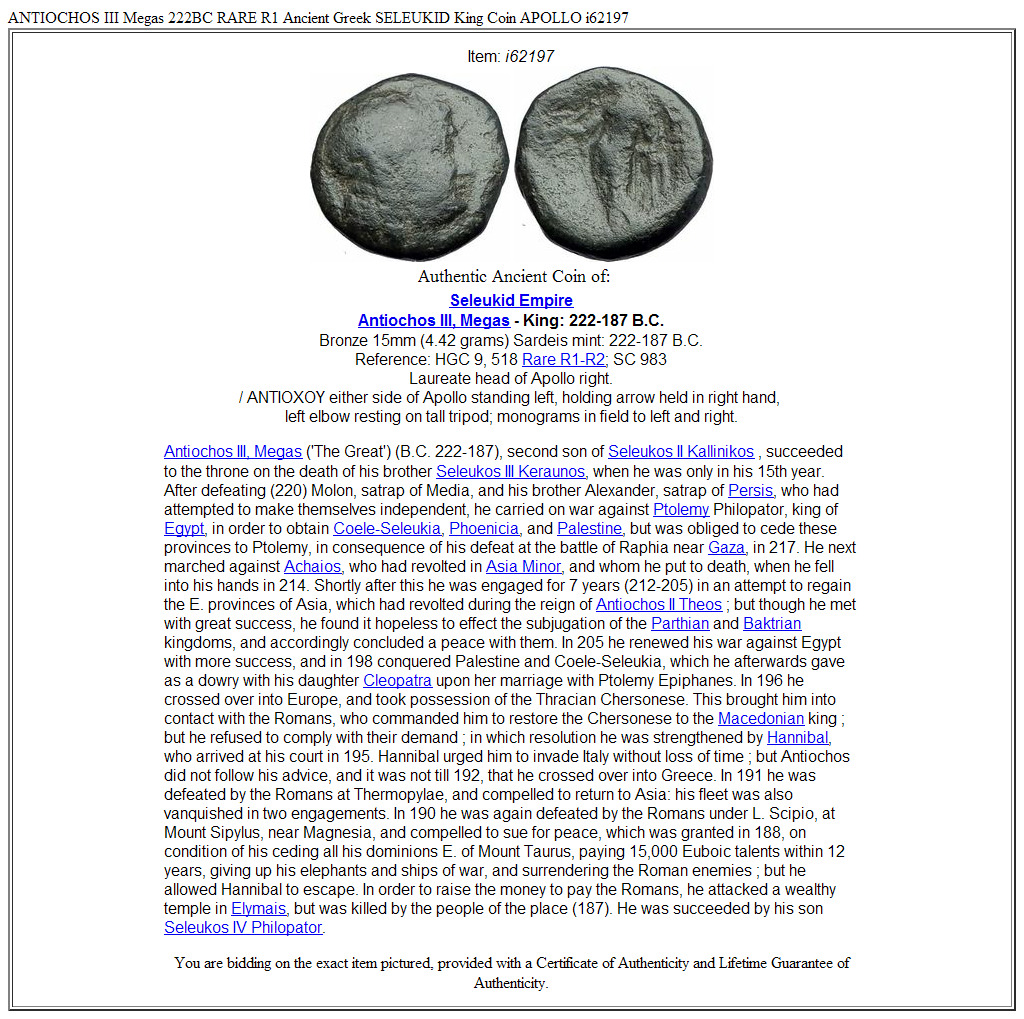 ANTIOCHOS III Megas 222BC RARE R1 Ancient Greek SELEUKID King Coin APOLLO i62197
