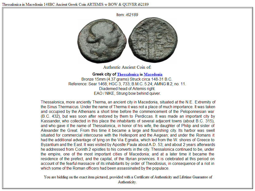 Thessalonica in Macedonia 148BC Ancient Greek Coin ARTEMIS w BOW & QUIVER i62189