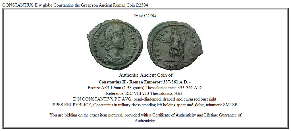 CONSTANTIUS II w globe Constantine the Great son Ancient Roman Coin i22504