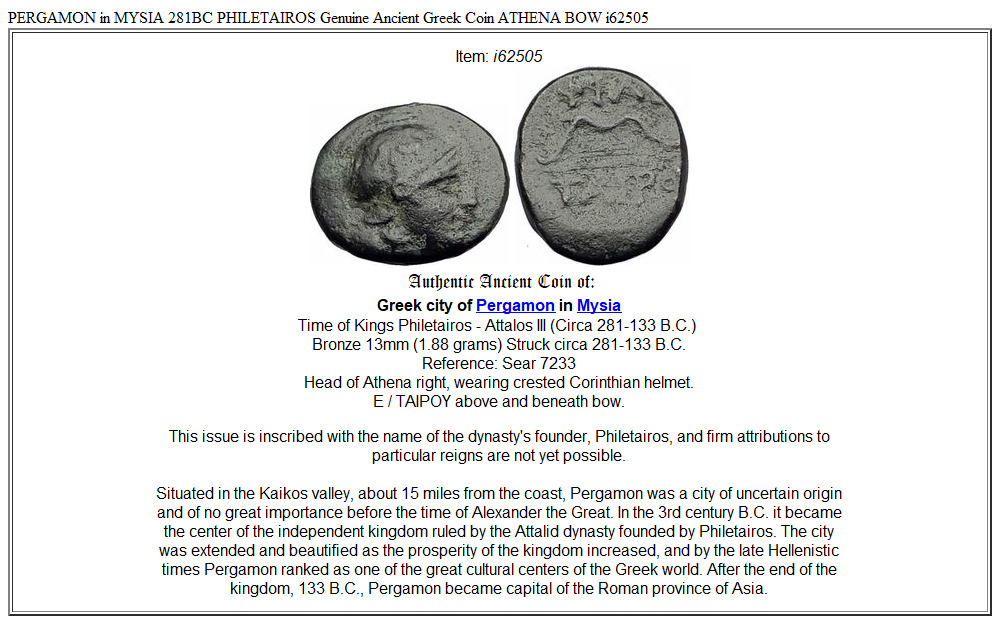 PERGAMON in MYSIA 281BC PHILETAIROS Genuine Ancient Greek Coin ATHENA BOW i62505