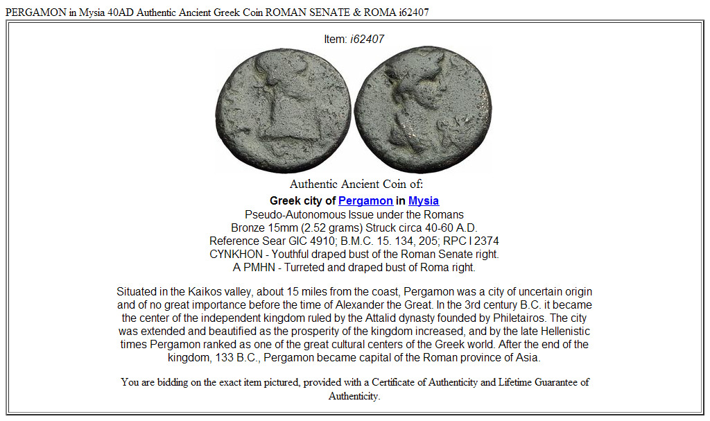 PERGAMON in Mysia 40AD Authentic Ancient Greek Coin ROMAN SENATE & ROMA i62407