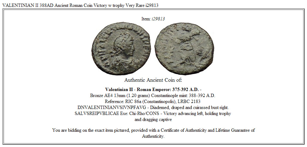 VALENTINIAN II 388AD Ancient Roman Coin Victory w trophy Very Rare i29813