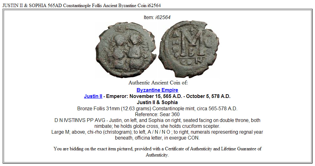 JUSTIN II & SOPHIA 565AD Constantinople Follis Ancient Byzantine Coin i62564