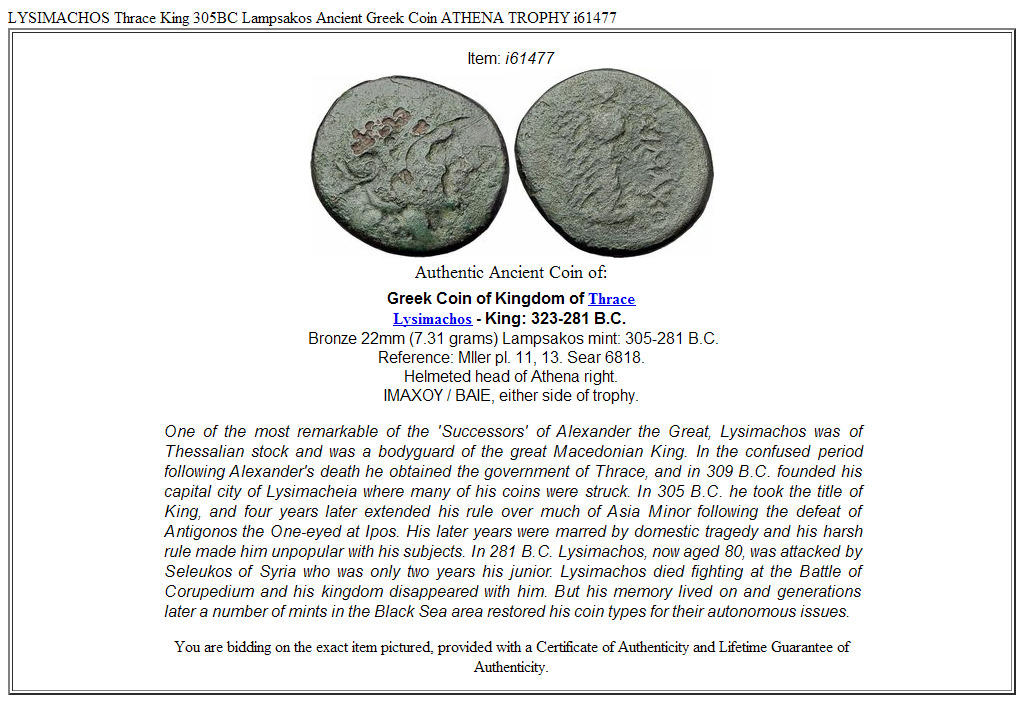 LYSIMACHOS Thrace King 305BC Lampsakos Ancient Greek Coin ATHENA TROPHY i61477