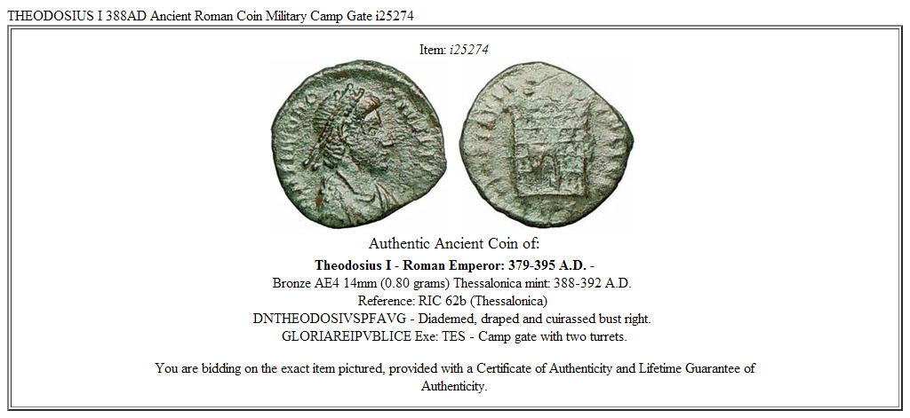 THEODOSIUS I 388AD Ancient Roman Coin Military Camp Gate i25274