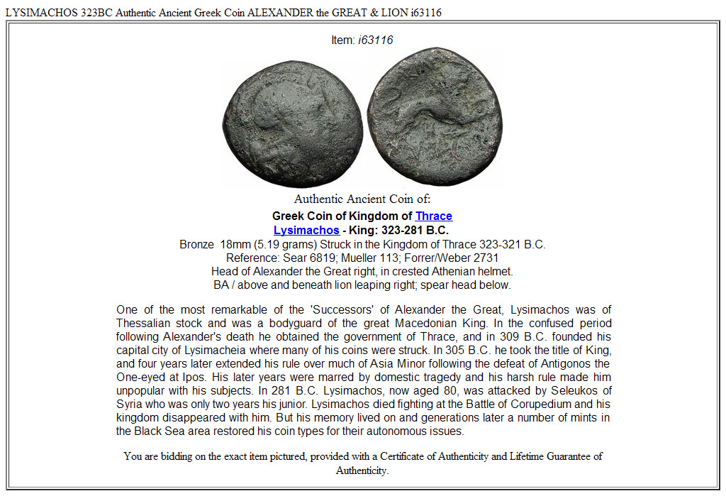 LYSIMACHOS 323BC Authentic Ancient Greek Coin ALEXANDER the GREAT & LION i63116