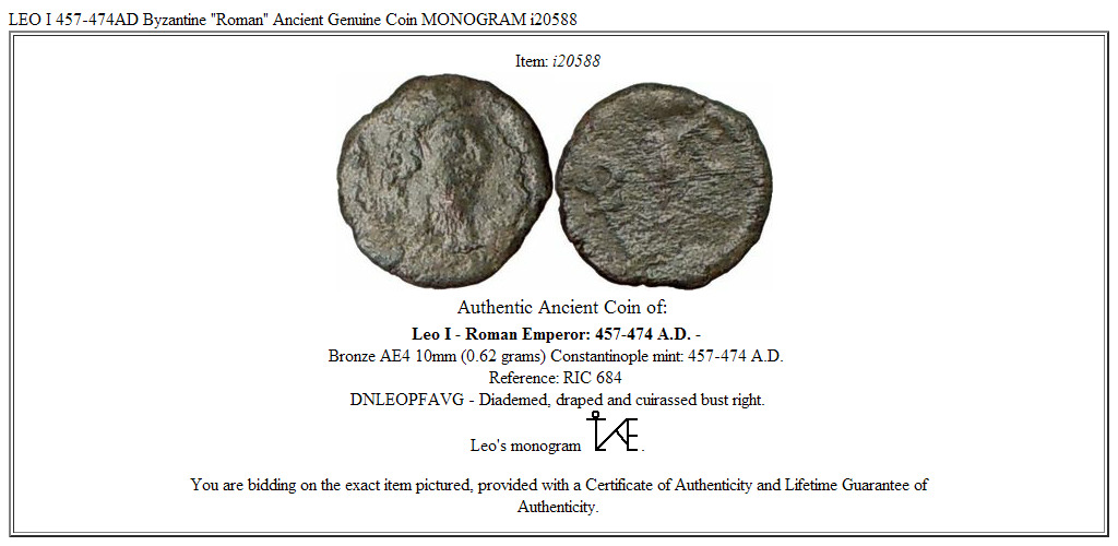 LEO I 457-474AD Byzantine "Roman" Ancient Genuine Coin MONOGRAM i20588