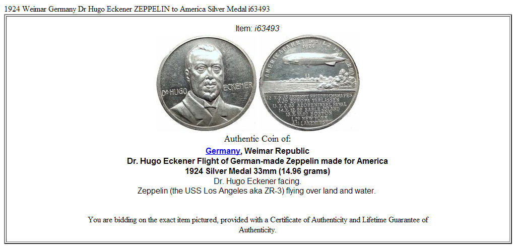 1924 Weimar Germany Dr Hugo Eckener ZEPPELIN to America Silver Medal i63493