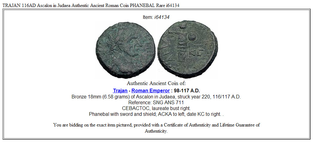 TRAJAN 116AD Ascalon in Judaea Authentic Ancient Roman Coin PHANEBAL Rare i64134
