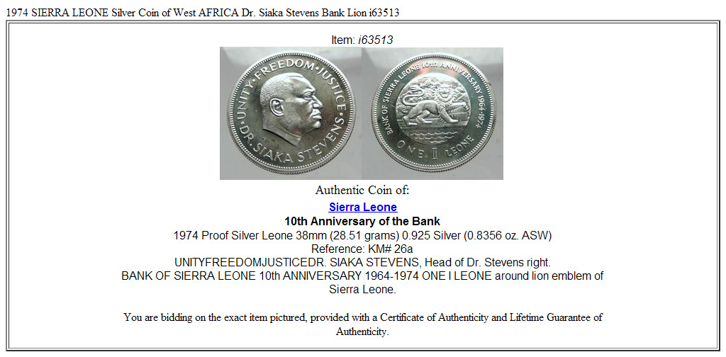 1974 SIERRA LEONE Silver Coin of West AFRICA Dr. Siaka Stevens Bank Lion i63513