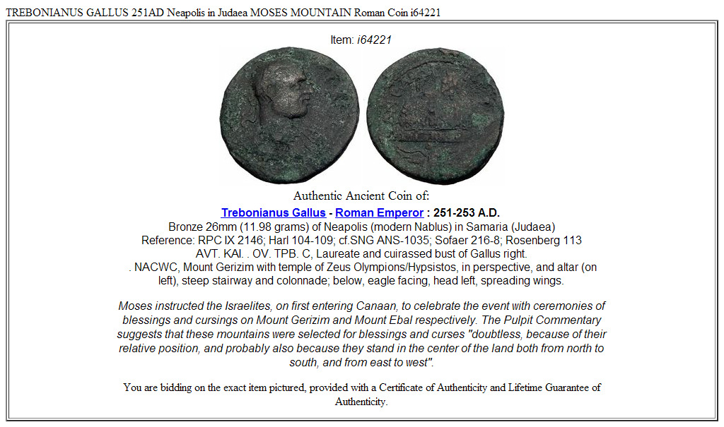 TREBONIANUS GALLUS 251AD Neapolis in Judaea MOSES MOUNTAIN Roman Coin i64221