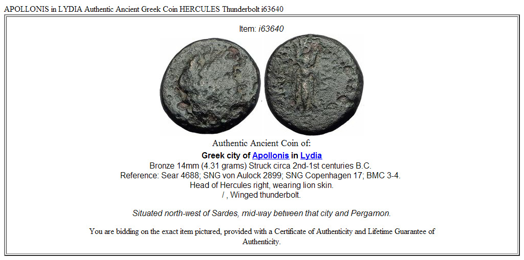 APOLLONIS in LYDIA Authentic Ancient Greek Coin HERCULES Thunderbolt i63640