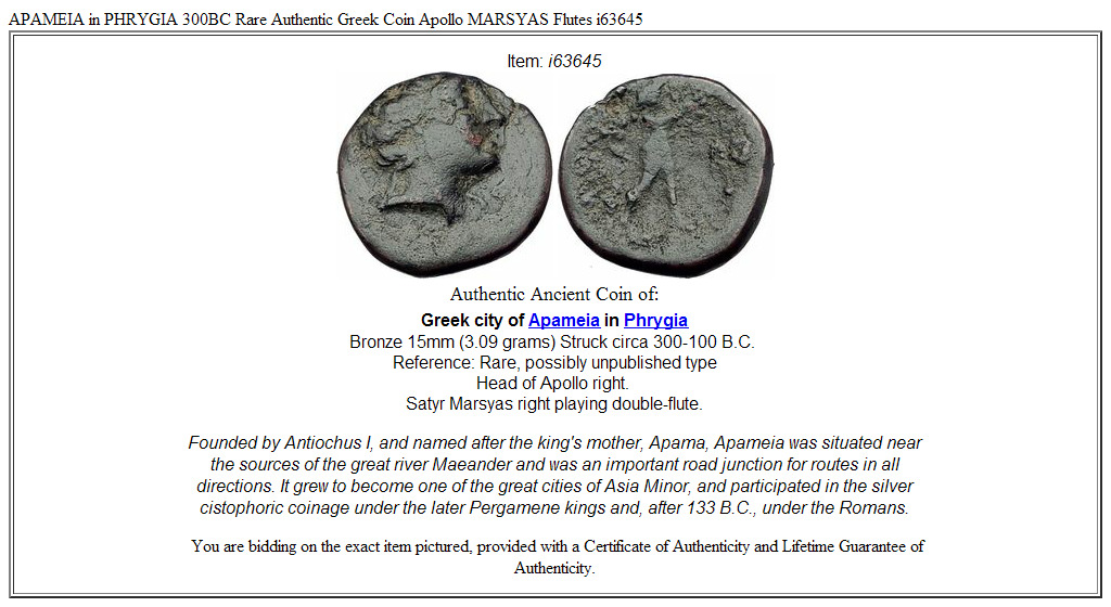 APAMEIA in PHRYGIA 300BC Rare Authentic Greek Coin Apollo MARSYAS Flutes i63645