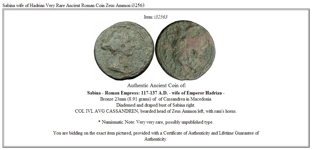 Sabina wife of Hadrian Very Rare Ancient Roman Coin Zeus Ammon i32563