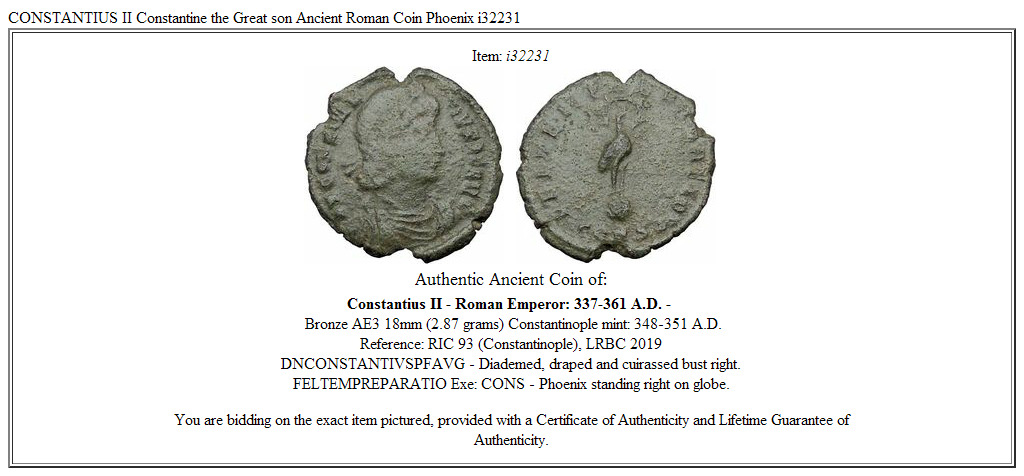 CONSTANTIUS II Constantine the Great son Ancient Roman Coin Phoenix i32231
