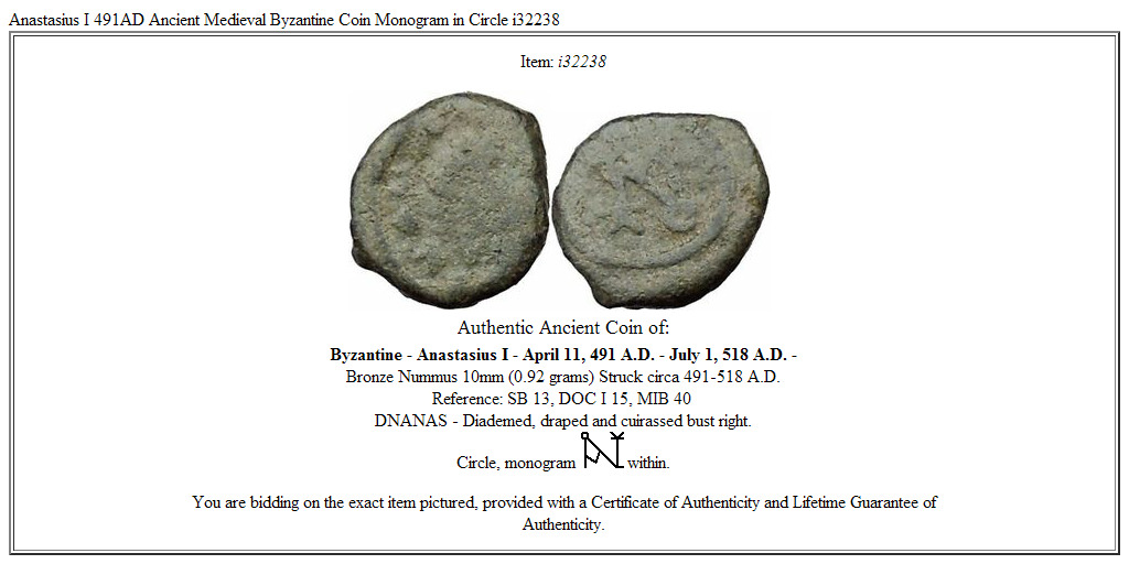 Anastasius I 491AD Ancient Medieval Byzantine Coin Monogram in Circle i32238