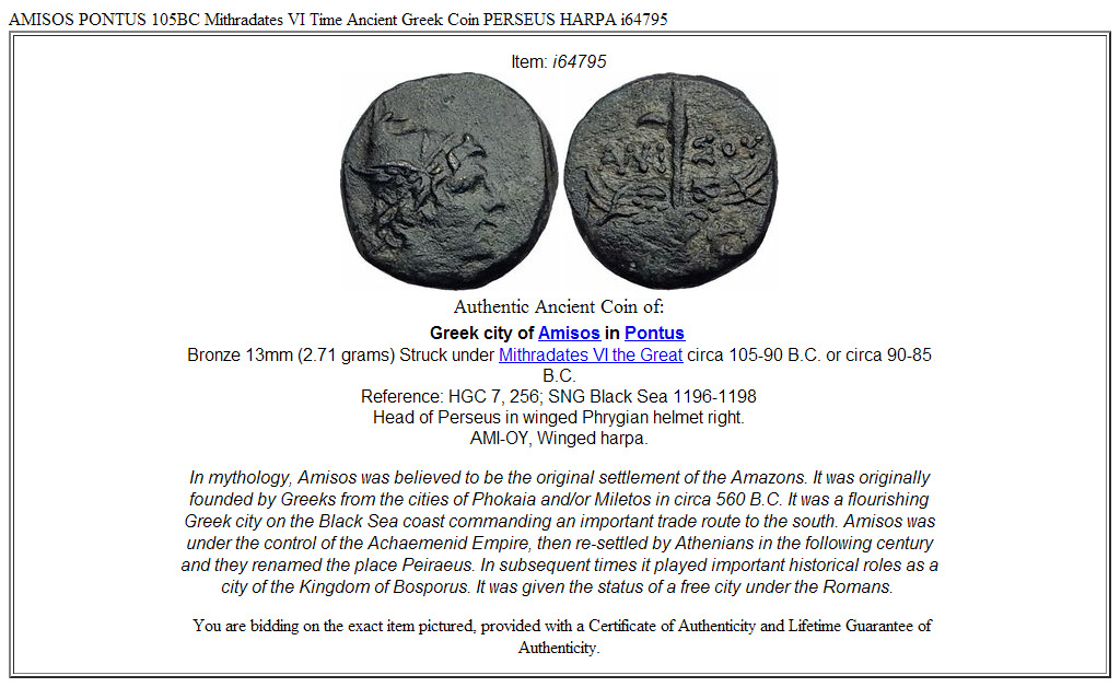 AMISOS PONTUS 105BC Mithradates VI Time Ancient Greek Coin PERSEUS HARPA i64795