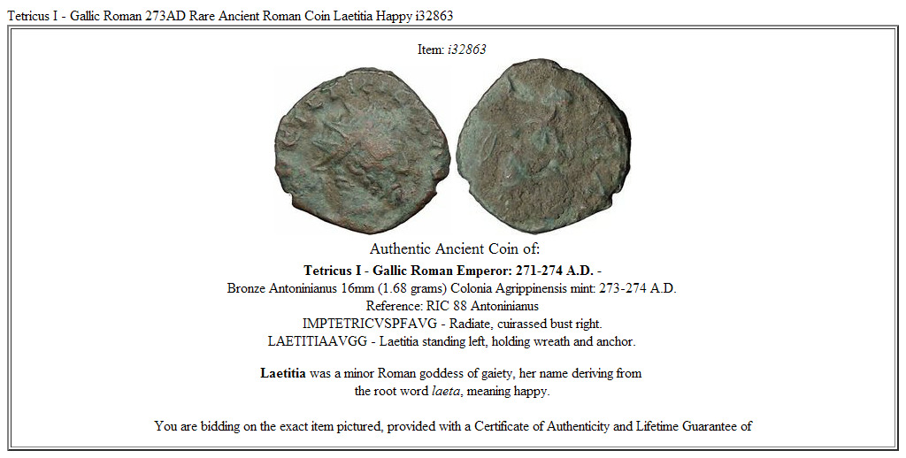Tetricus I - Gallic Roman 273AD Rare Ancient Roman Coin Laetitia Happy i32863