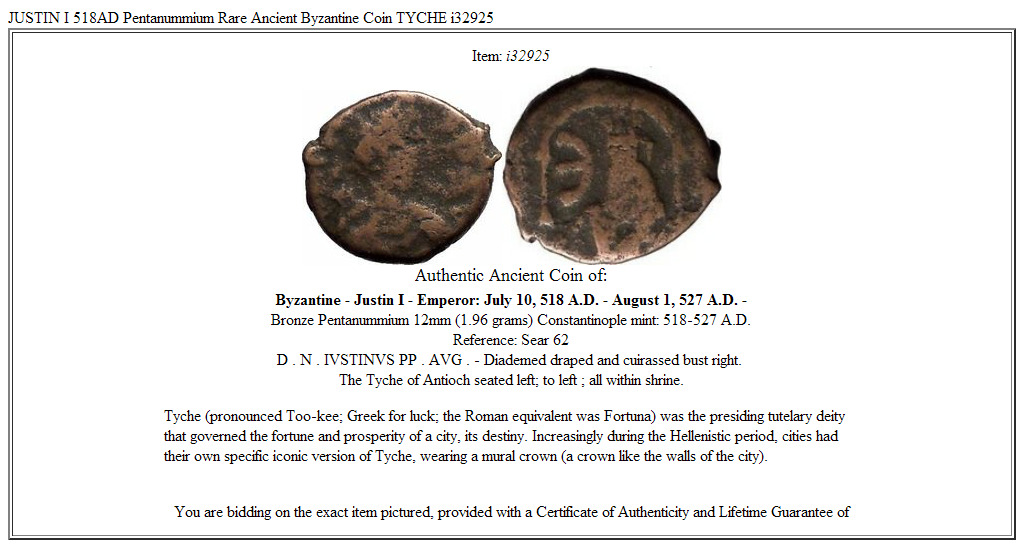 JUSTIN I 518AD Pentanummium Rare Ancient Byzantine Coin TYCHE i32925