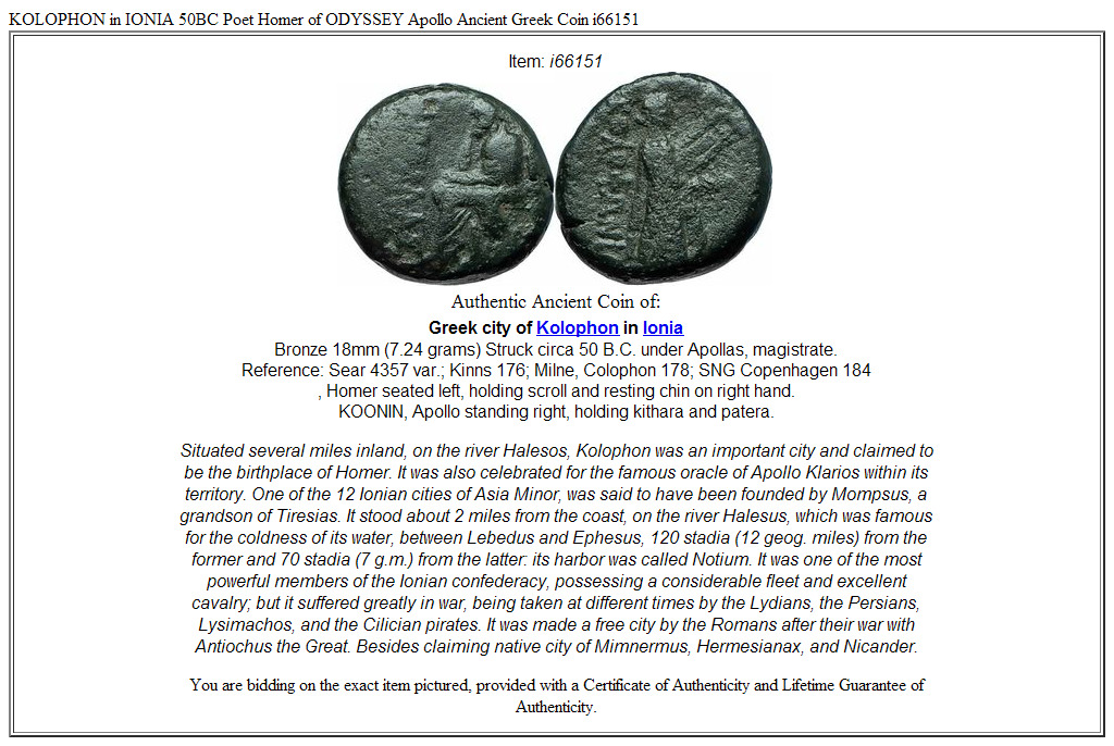 KOLOPHON in IONIA 50BC Poet Homer of ODYSSEY Apollo Ancient Greek Coin i66151