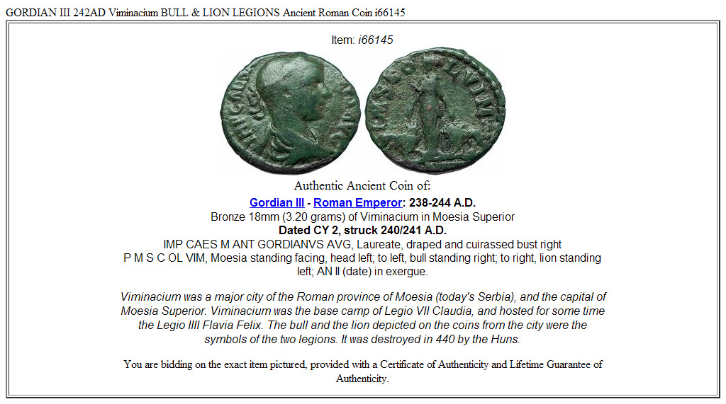 GORDIAN III 242AD Viminacium BULL & LION LEGIONS Ancient Roman Coin i66145